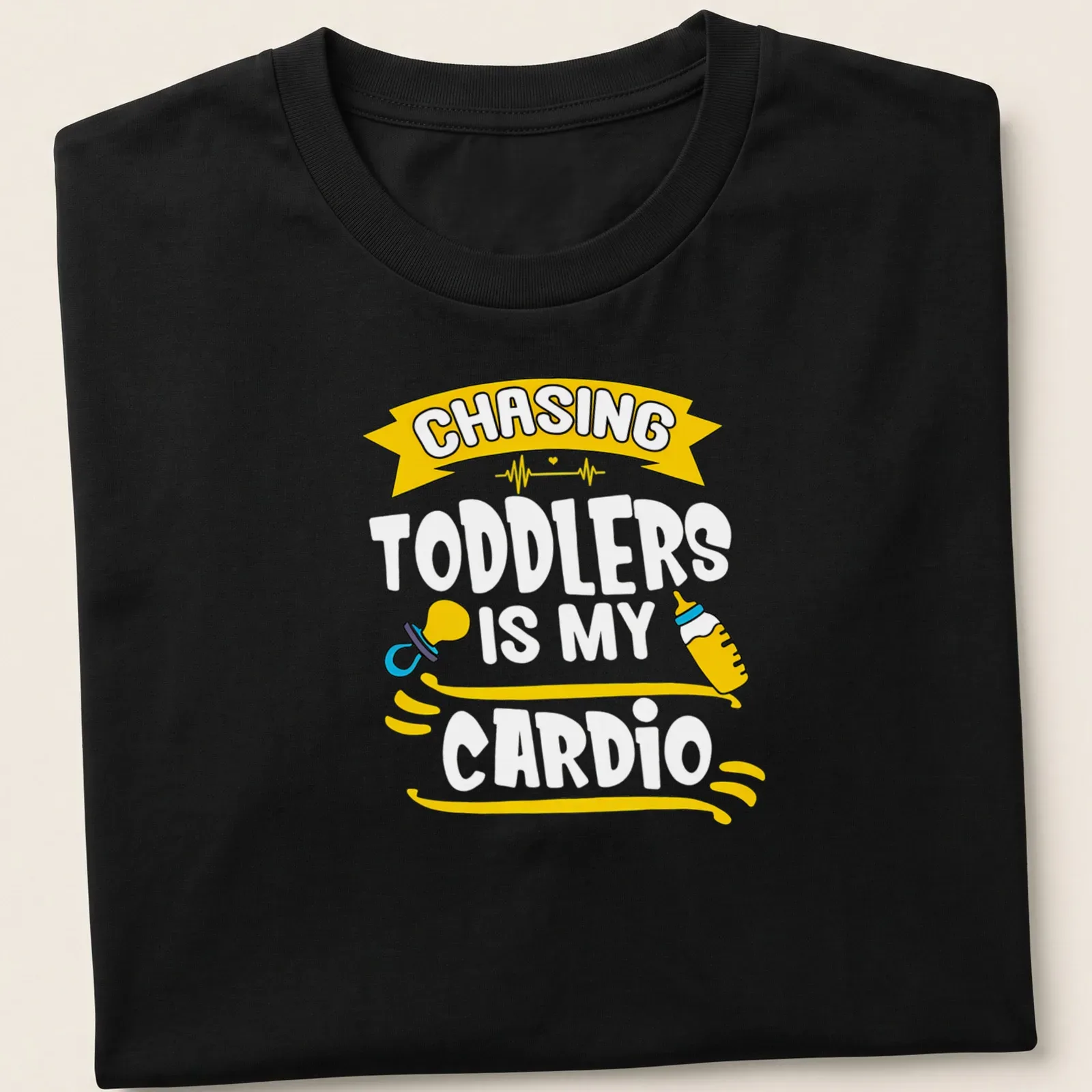 Playful design with text and toddler-related items for parents — printed on a unisex t-shirt