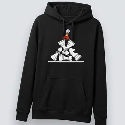 Cartoon-style Chess Pawn Stack with Joker theme and Checkmate text — printed on a unisex hoodie