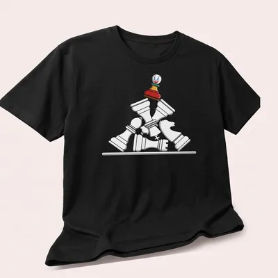 Cartoon-style Chess Pawn Stack with Joker theme and Checkmate text — printed on a unisex t-shirt (angled view)
