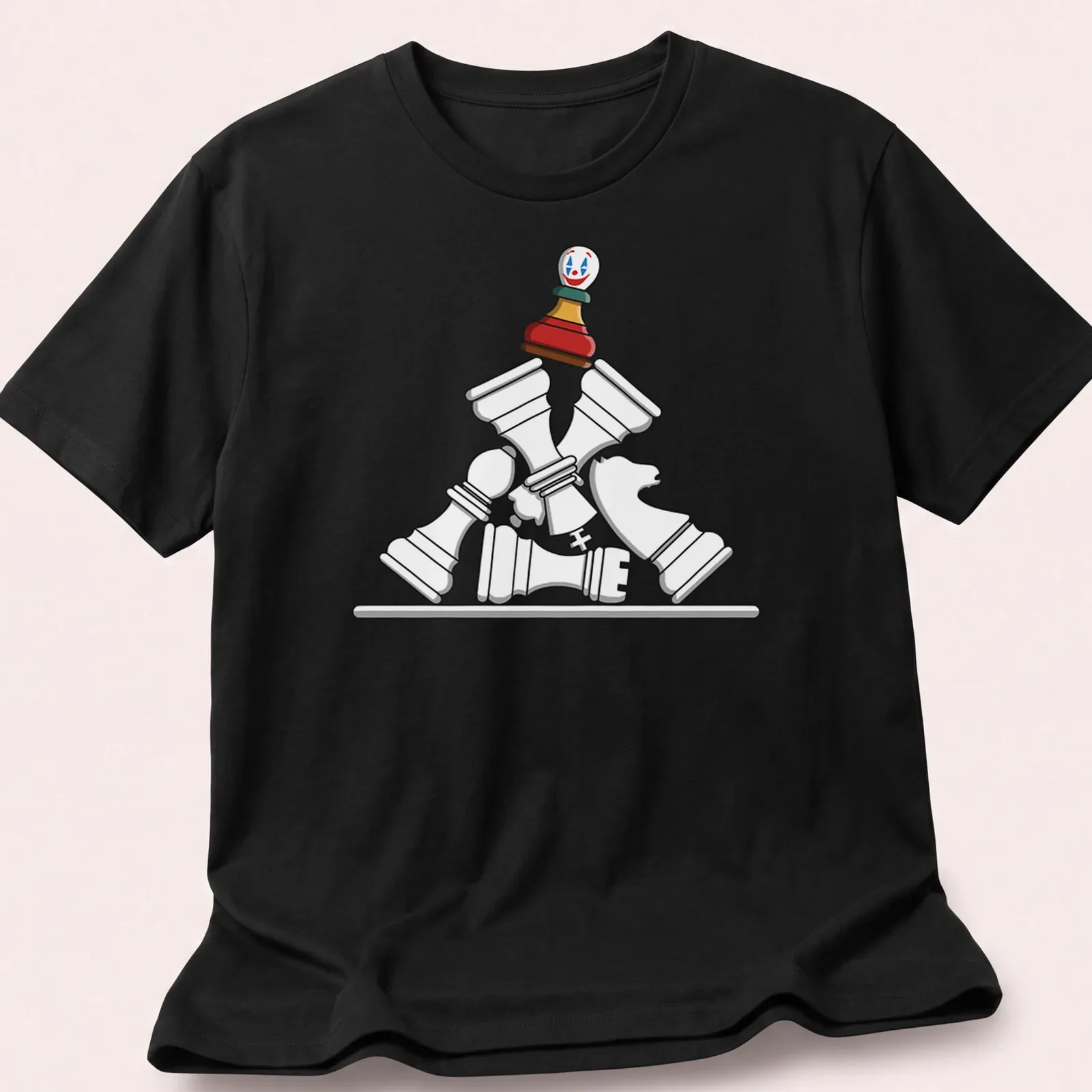 Cartoon-style Chess Pawn Stack with Joker theme and Checkmate text — printed on a unisex t-shirt