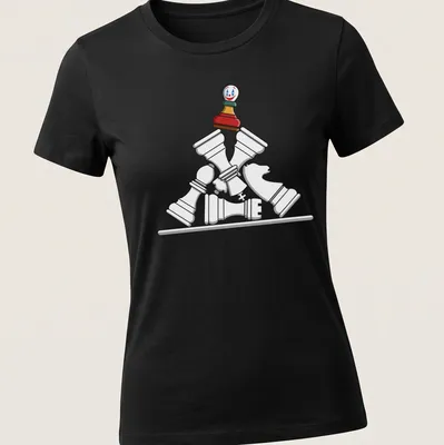 Cartoon-style Chess Pawn Stack with Joker theme and Checkmate text — printed on a women's shirt