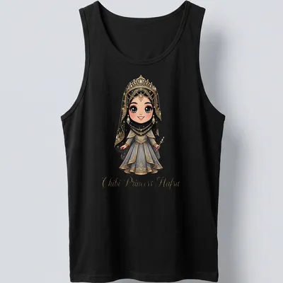 Cute chibi princess graphic in black, gold, gray, and white with playful text — printed on a tank top