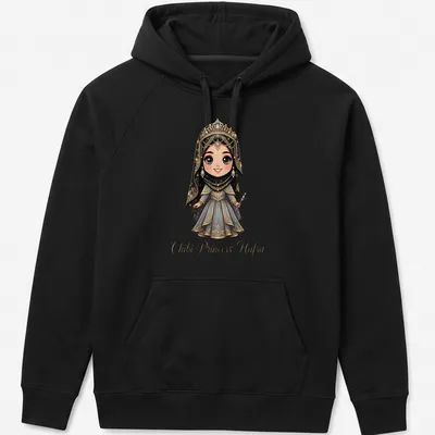 Cute chibi princess graphic in black, gold, gray, and white with playful text — printed on a unisex hoodie