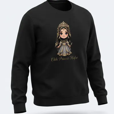 Cute chibi princess graphic in black, gold, gray, and white with playful text — printed on a unisex sweatshirt