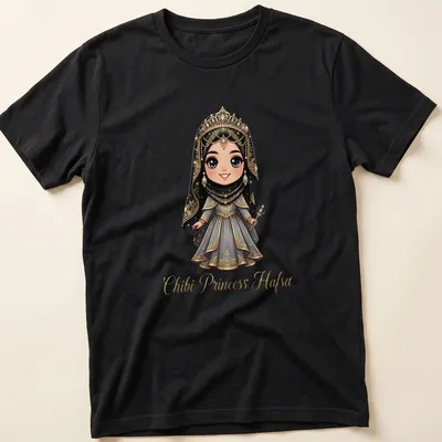 Cute chibi princess graphic in black, gold, gray, and white with playful text