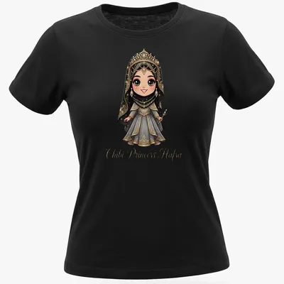 Cute chibi princess graphic in black, gold, gray, and white with playful text — printed on a women's shirt