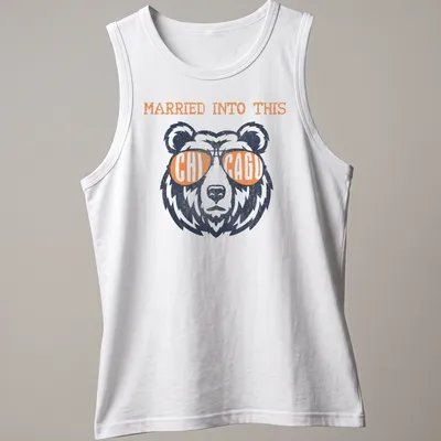 Distressed vintage shirt featuring Chicago Bears football bear and text 'Married Into This' — printed on a tank top