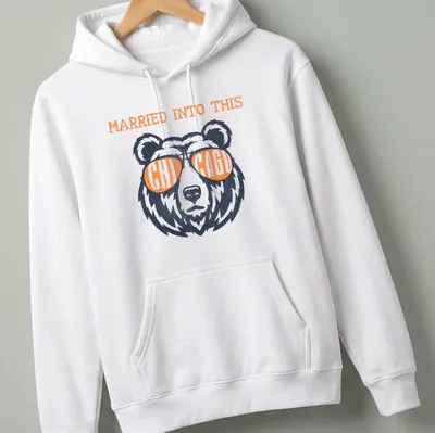 Distressed vintage shirt featuring Chicago Bears football bear and text 'Married Into This' — printed on a unisex hoodie