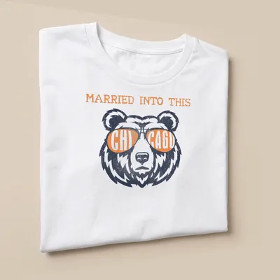 Distressed vintage shirt featuring Chicago Bears football bear and text 'Married Into This' — printed on a unisex t-shirt (angled view)