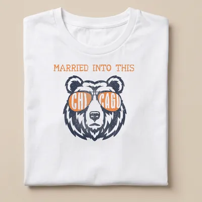 Distressed vintage shirt featuring Chicago Bears football bear and text 'Married Into This'