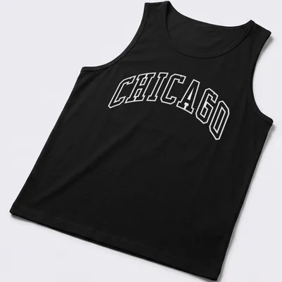 Bold collegiate print of Chicago in black and white on a — printed on a tank top