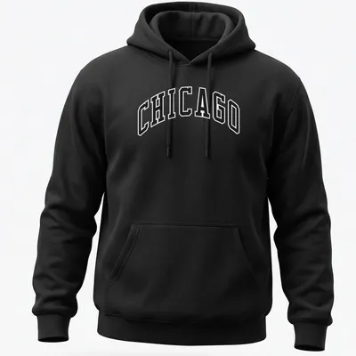 Bold collegiate print of Chicago in black and white on a — printed on a unisex hoodie