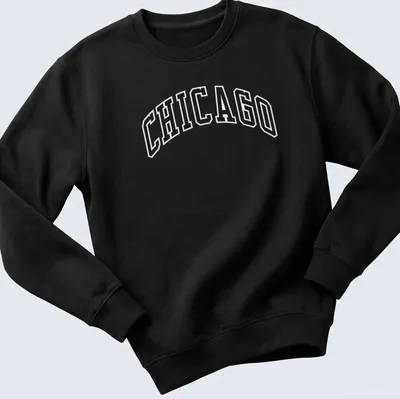 Bold collegiate print of Chicago in black and white on a — printed on a unisex sweatshirt