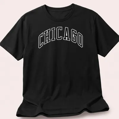 Bold collegiate print of Chicago in black and white on a t-shirt