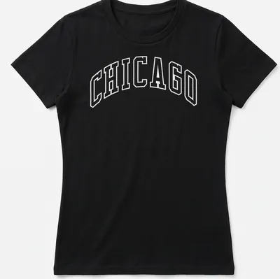 Bold collegiate print of Chicago in black and white on a — printed on a women's shirt