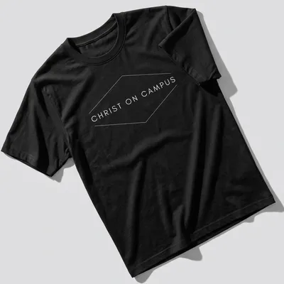 Modern typography T-shirt with the text 'Christ On Campus' in white.