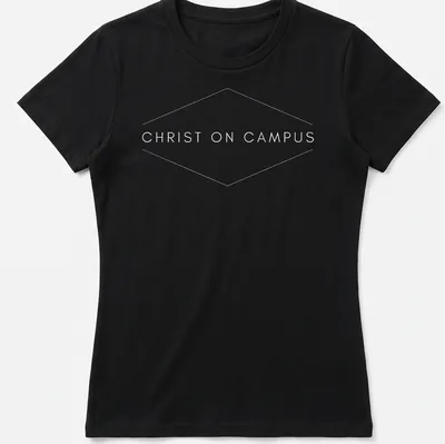 Modern typography T-shirt with the text 'Christ On Campus' in white. — printed on a women's shirt