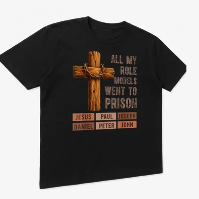 Realistic Christian cross t-shirt with a humorous printed message about role models — printed on a unisex t-shirt (angled view)