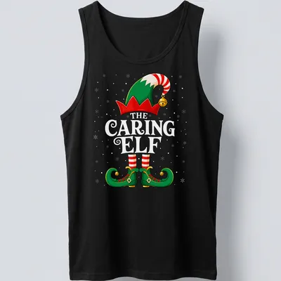 Colorful cartoon graphic of a Christmas elf hat and shoes — printed on a tank top
