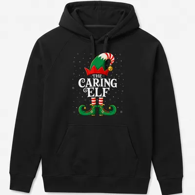 Colorful cartoon graphic of a Christmas elf hat and shoes — printed on a unisex hoodie