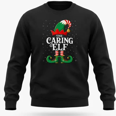 Colorful cartoon graphic of a Christmas elf hat and shoes — printed on a unisex sweatshirt