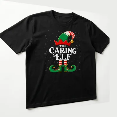 Colorful cartoon graphic of a Christmas elf hat and shoes — printed on a unisex t-shirt (angled view)