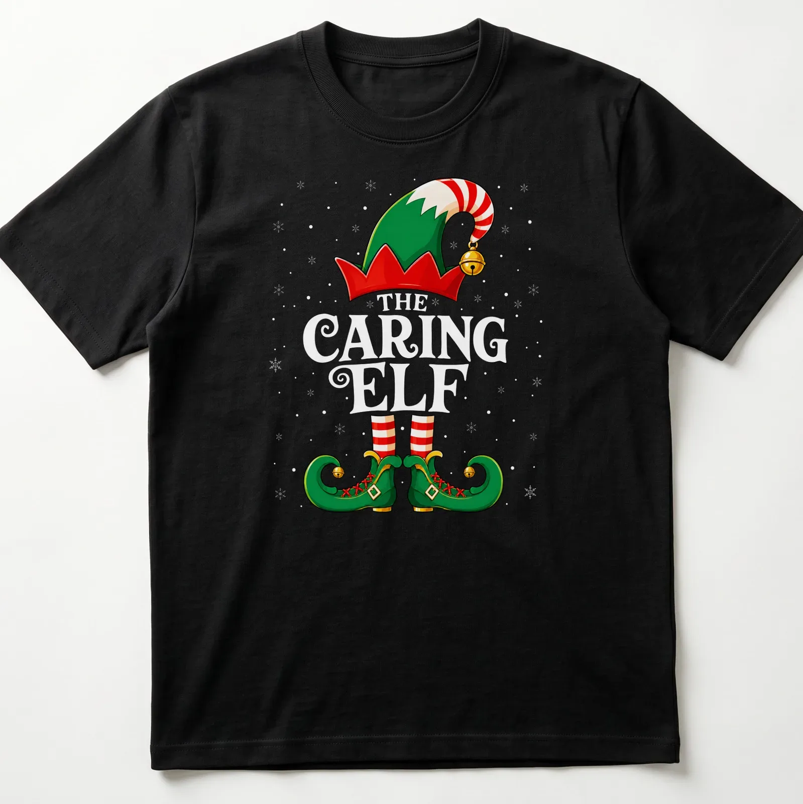 Colorful cartoon graphic of a Christmas elf hat and shoes — printed on a unisex t-shirt