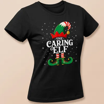 Colorful cartoon graphic of a Christmas elf hat and shoes — printed on a women's shirt