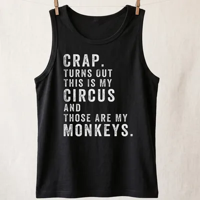 Playful circus-themed t-shirt featuring monkeys and colorful typography — printed on a tank top