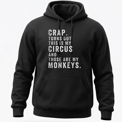 Playful circus-themed t-shirt featuring monkeys and colorful typography — printed on a unisex hoodie