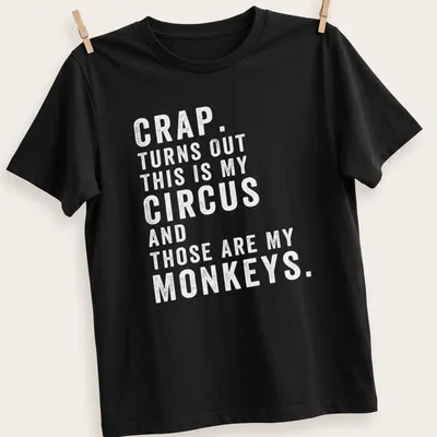 Playful circus-themed t-shirt featuring monkeys and colorful typography