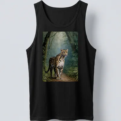Realistic print of a clouded leopard in a lush green jungle with the phrase FOCUSED ON THE TRAIL — printed on a tank top