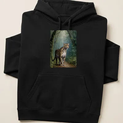 Realistic print of a clouded leopard in a lush green jungle with the phrase FOCUSED ON THE TRAIL — printed on a unisex hoodie