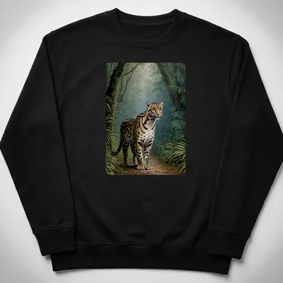 Realistic print of a clouded leopard in a lush green jungle with the phrase FOCUSED ON THE TRAIL — printed on a unisex sweatshirt