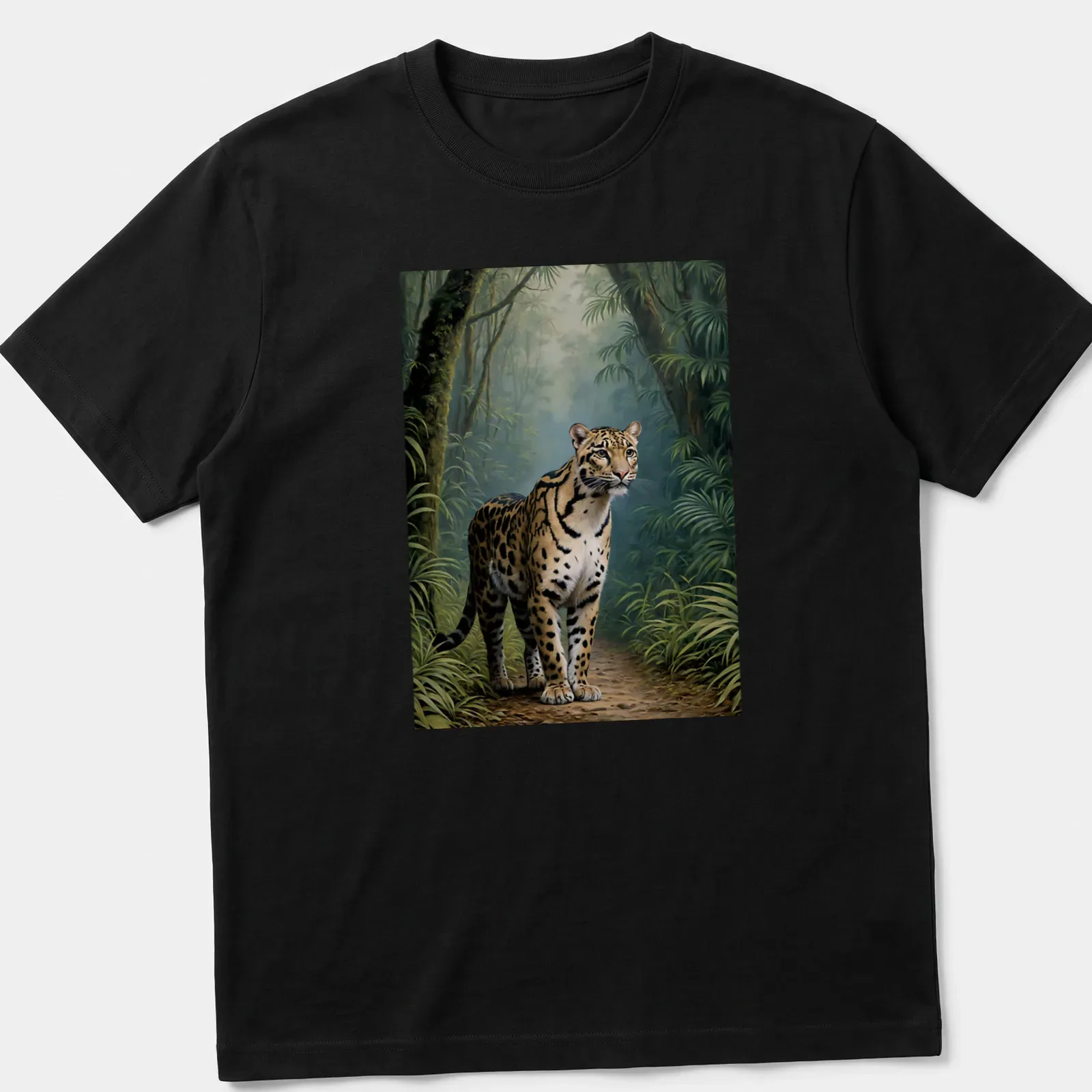 Realistic print of a clouded leopard in a lush green jungle with the phrase FOCUSED ON THE TRAIL — printed on a unisex t-shirt