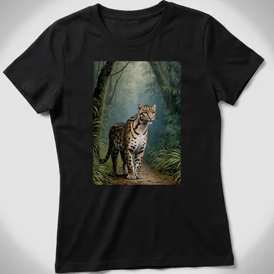 Realistic print of a clouded leopard in a lush green jungle with the phrase FOCUSED ON THE TRAIL — printed on a women's shirt