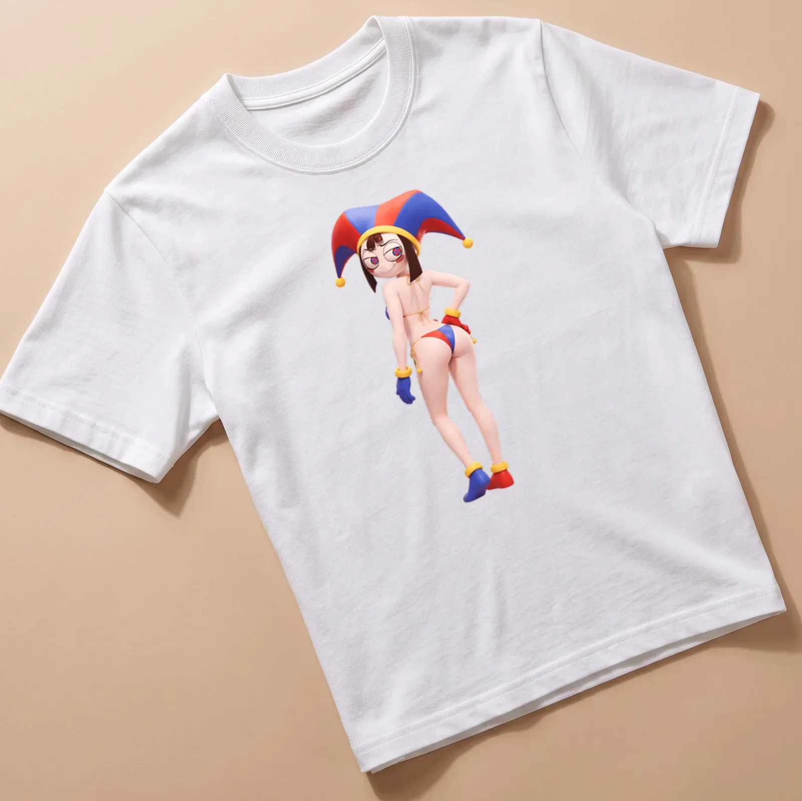 Cartoon clown character in a bikini with vibrant colors in a playful design — printed on a unisex t-shirt