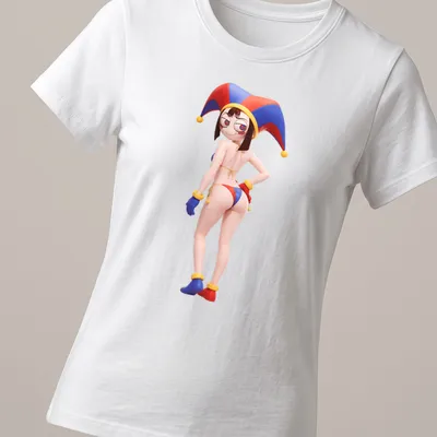 Cartoon clown character in a bikini with vibrant colors in a playful design — printed on a women's shirt