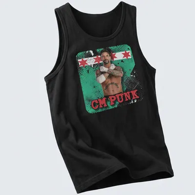 Playful CM Punk T-shirt featuring vibrant graphics in green, red, black, and white — printed on a tank top