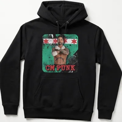 Playful CM Punk T-shirt featuring vibrant graphics in green, red, black, and white — printed on a unisex hoodie