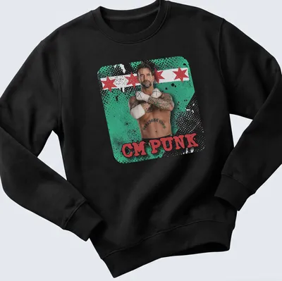 Playful CM Punk T-shirt featuring vibrant graphics in green, red, black, and white — printed on a unisex sweatshirt