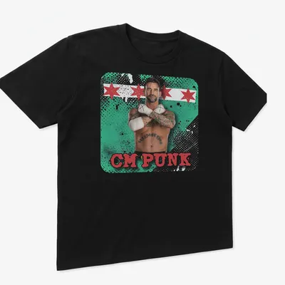 Playful CM Punk T-shirt featuring vibrant graphics in green, red, black, and white — printed on a unisex t-shirt (angled view)