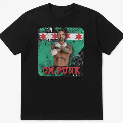 Playful CM Punk T-shirt featuring vibrant graphics in green, red, black, and white
