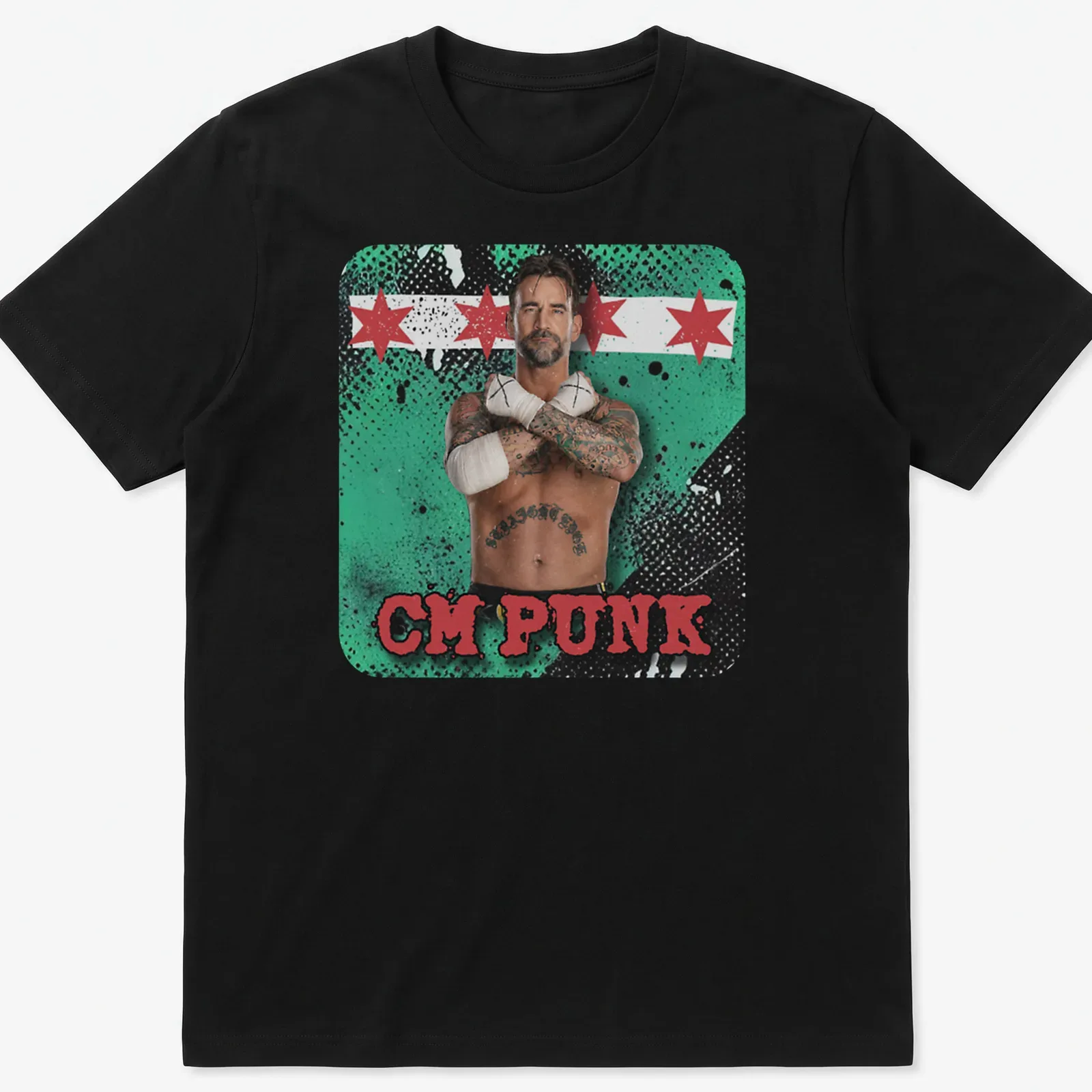 Playful CM Punk T-shirt featuring vibrant graphics in green, red, black, and white — printed on a unisex t-shirt