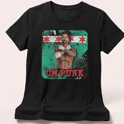 Playful CM Punk T-shirt featuring vibrant graphics in green, red, black, and white — printed on a women's shirt