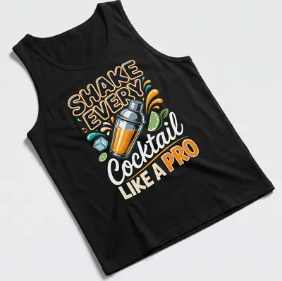 Colorful cocktail shaker design with playful text for drink enthusiasts — printed on a tank top