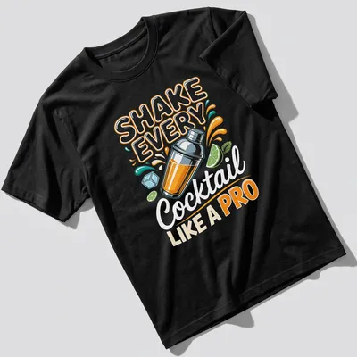 Colorful cocktail shaker design with playful text for drink enthusiasts