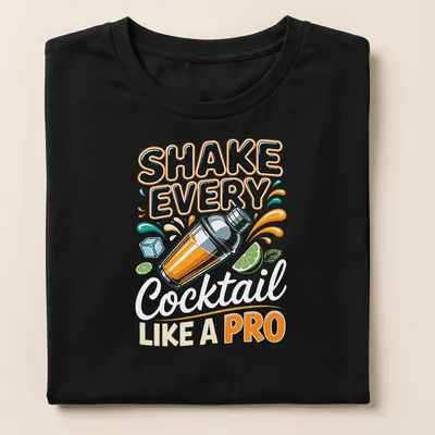 Colorful cocktail shaker design with playful text for drink enthusiasts — printed on a women's shirt