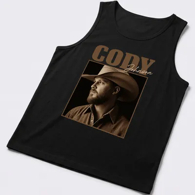 Vintage sepia print of Cody Johnson's name in brown and cream shades — printed on a tank top