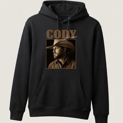 Vintage sepia print of Cody Johnson's name in brown and cream shades — printed on a unisex hoodie